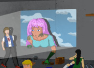 drawing giantess manga color long_hair blue_eyes claws scared pink_hair mini_giantess surprised fangs open_mouth movie onlookers indoors screaming monster_girl bystanders sayer