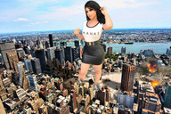 breasts giantess crush collage mega black_hair destruction skirt wonderslug new_york_city leather_skirt curves yaris_sanchez ringer_tee
