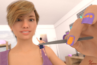 blonde smiling short_hair hand shorts shrunken_man fingers top semi_nude tweezers looking_at_tiny digital_render red-neptune
