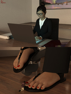 feet clothed toes glasses foot_worship sandals unaware shrunken_man desk pedicure computer digital_render