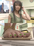 micro feet toes glasses shrunken_men sandals walking unaware between_toes nail_polish raised_foot running_away impending_doom digital_render