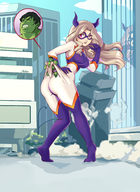 drawing giantess horns city mega blonde color long_hair butt buildings thong reflection costume looking_back hulk marvel_comics my_hero_academia mt._lady