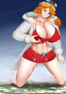 drawing giantess blushing giga color blue_eyes barefoot cleavage huge_breasts milk red_hair muscles lactation looking_down hat warioware on_knees eye_closed bare_midriff mona_(warioware)