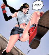 drawing giantess panties upskirt color large_breasts long_hair destruction clothed brunette final_fantasy tifa low_angle final_fantasy_7 ponytail boots foot_crush trample white_panties point_of_view top dialogue doujinsak