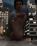 giantess city black_hair clothed barefoot smiling sitting looking_down outdoors nail_polish green_nails digital_render innocent-owl