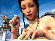 vore city handheld playful green_eyes train open_mouth giantesses braid necklace imminent_vore digital_render bare_midriff innocent-owl