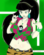 drawing black_hair color large_breasts long_hair cleavage green_eyes smiling kim_possible shego shrunken_man looking_down earrings bare_midriff between_breasts psi_missing