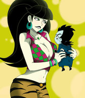 drawing color large_breasts cleavage shego shrunken_man holding looking_up necklace earrings no_background bare_midriff psi_missing dr_drakken
