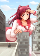 breasts drawing giantess city mega color large_breasts destruction pink_hair uniform hiding searching kousaka_tamaki takaisen 高井せん