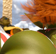bikini micro butt beach red_hair lying_down unaware shrunken_man sunglasses world_of_warcraft thighs outdoors palm_tree commission jetslasher goblin on_butt green_skin pointed_ears digital_render lassic bare_legs butt_landscape