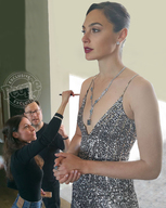 gentle collage black_hair clothed cleavage dress mini_giantess standing necklace makeup gal_godot