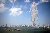giantess collage city blonde long_hair destruction clothed high_heels walking outdoors new_york_city statue_of_liberty titanesas
