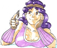 drawing color large_breasts long_hair purple_hair smiling gloves shrunken_man no_background ednem