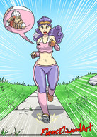 drawing color large_breasts long_hair purple_hair sweat running shrunken_man outdoors jogging headband in_pocket flameeliwood