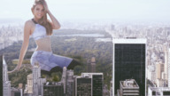 giantess collage city long_hair buildings smiling sitting outdoors new_york_city sports_bra