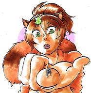 drawing giantess color long_hair climbing brunette ponytail shrunken_man looking_down leaf no_background on_finger tanuki ednem moriko