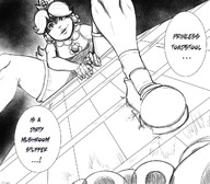 drawing monochrome long_hair dress crown looking_down earrings dialogue princess_daisy tdart