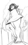 drawing giantess city monochrome destruction clothed barefoot short_hair walking looking_down outdoors thick_thighs tdart