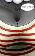 drawing color large_breasts clothed dialogue striped_shirt oc anon grey_skin between_breasts tdart mama_td