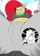 drawing furry blushing anthro color large_breasts long_hair red_hair looming between_legs shrunken_man looking_down thighs nervous wendy cutaway sweat_drop bare_midriff tdart td