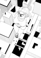 drawing giantess city monochrome large_breasts long_hair destruction high_angle walking outdoors flip_flops cyclops tabitha pursed_lips tdart