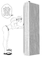 drawing giantess monochrome buildings huge_breasts ponytail bending_over looking_down flip_flops no_background cyclops tabitha tdart