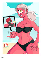 bikini gentle white_hair color large_breasts long_hair beach bra yellow_eyes smiling pink_hair ponytail shrunken_man outdoors panels red_skin on_finger bare_legs cyclops hand_on_thigh beach_towel tabitha cutaway tdart beach_umbrella td
