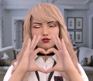 blonde long_hair smiling shrunken_man indoors choker necklace winking boomgts digital_render human_jewelry