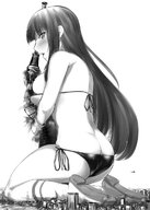 bikini drawing giantess blushing city mega monochrome large_breasts destruction helicopter gloves boots kneeling hugging rakia