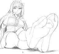 drawing micro feet blushing monochrome sitting shrunken_man legs_crossed tabi_socks rakia