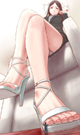 drawing panties upskirt color large_breasts long_hair high_heels brunette smiling foot_worship sitting sandals heart shrunken_man looking_down rubbing indoors office_lady mizuno