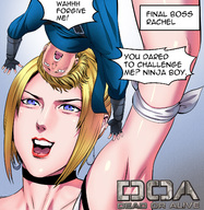 drawing giantess blonde color blue_eyes clothed handheld domination uniform dialogue doa doujinsak