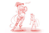 drawing growth nipples tail anthro monochrome long_hair huge_breasts domination mini_giantess navel standing size_comparison ripped_clothing dialogue wizard_hat my_little_pony horn twilight_sparkle wand no_background shnider trixie_lulamoon