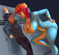 drawing color large_breasts penis clothed cleavage mini_giantess amazon indoors lockers locker_room my_little_pony rainbow_dash unitard multicolored_hair humanized_pony afraid hand_on_buttcheek skintight_clothing maarthul leaning_against_wall flirting soarin