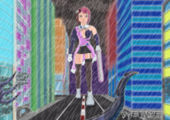 drawing giantess city color destruction buildings green_eyes pink_hair parody rain night perspective kaiju pacific_rim digital_render tekken homage chainsaw alisa_bosconovitch sayer
