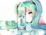 drawing hatsune_miku color long_hair blue_hair underwater twintails shrunken_woman trapped swimming in_drink