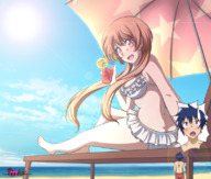 bikini drawing color long_hair beach brunette sitting drink shrunken_man looking_up outdoors umbrella sugarnhoney nisekoi marika_tachibana lemon raku_ichijo