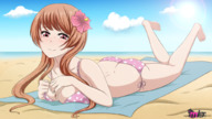 bikini drawing blushing color large_breasts long_hair beach cleavage brunette lying_down shrunken_man looking_down dangle flower outdoors sugarnhoney pinched nisekoi marika_tachibana raku_ichijjo