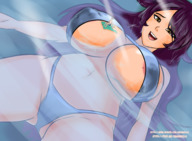 bikini drawing gentle giantess color long_hair cleavage water purple_hair huge_breasts lying_down outdoors floating kasumikills between_breasts