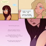drawing vore blonde large_breasts long_hair cleavage story shrunken_woman open_mouth dialogue observer