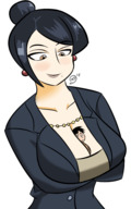 drawing shrunken_man looking_down necklace earrings jj-psychotic no_background hair_bun between_breasts