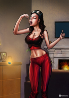 drawing large_breasts long_hair clothed handheld glasses brunette shrunken_woman open_mouth indoors vorefan