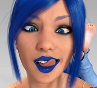micro long_hair toes barefoot soles blue_hair ponytail unaware looking_down open_mouth licking_lips digital_render blue_lips stuck_to_lip innocent-owl