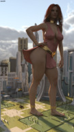 giantess city large_breasts long_hair barefoot cleavage red_hair walking outdoors crowds thick_thighs digital_render amgipi foot_prints