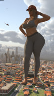 city blonde large_breasts long_hair butt destruction barefoot helicopter walking outdoors hat baseball_cap digital_render amgipi skintight_clothing