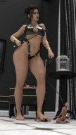 large_breasts barefoot collar shrunken_man cage leash pinned bracelet crop skimpy_clothing digital_render amgipi