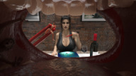 vore large_breasts cleavage open_mouth inside_mouth indoors chopsticks digital_render amgipi