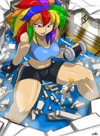 breasts drawing growth giantess color destruction cleavage smiling gloves muscles shorts looking_down weight indoors outgrowing_space sports_bra my_little_pony biceps rainbow_dash exercising shonuff44