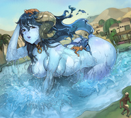 drawing giantess color blue_skin pool splash monster_girl swimmers f_s セウト絵師f.s