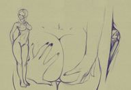 drawing giantess monochrome large_breasts long_hair looking_back no_background between_buttcheeks kononiko